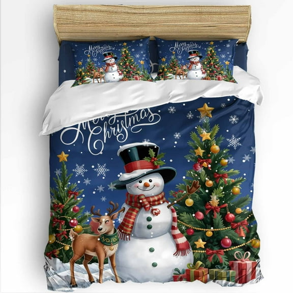 Navy Blue Christmas Queen Size Comforter Set, Xmas Snowman Tree Elk Snowflake Soft Bedding for All Seasons, 4 Pcs Bed Set with 1Comforter (90"x92") ,1 Sheet(94"x116"), 2 Pillowcases (19"x29")