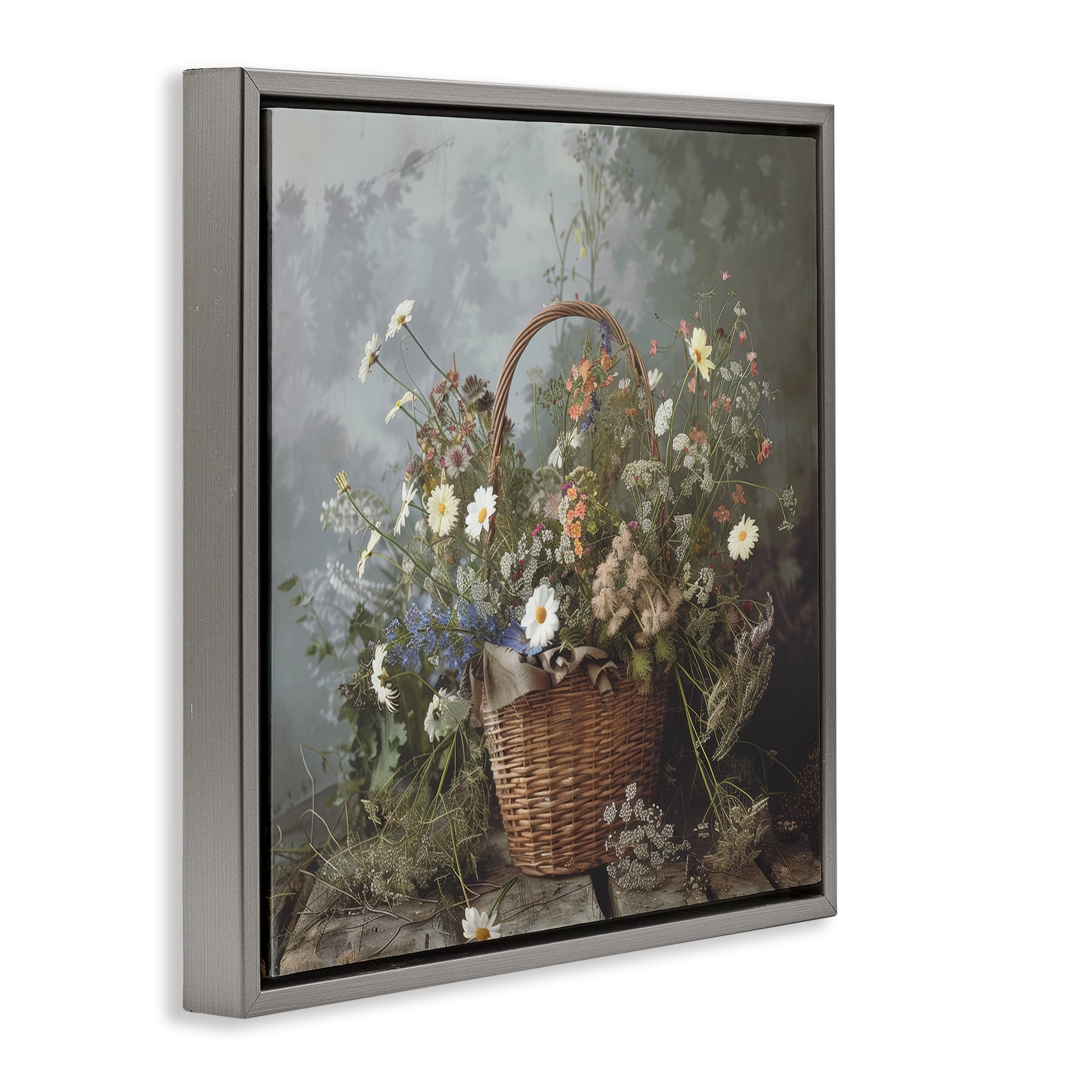 Stupell Industries Floral Basket Still Life Gray Framed Floater Canvas Wall Art, design by Lazar Studio