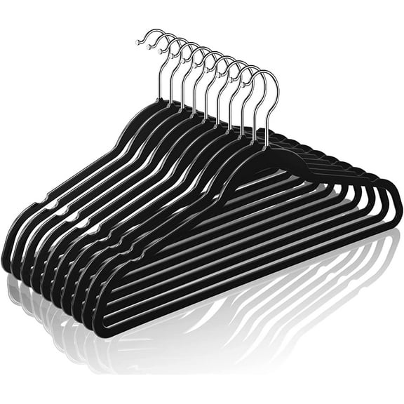 50 Plastic Hangers 17.7 Inch - Velvet Non-Slip, Space Saving Closet Organizers, Heavy Duty Slim Hangers for Pants, Shirts, Coats (Black, Ultra Thin & Durable)