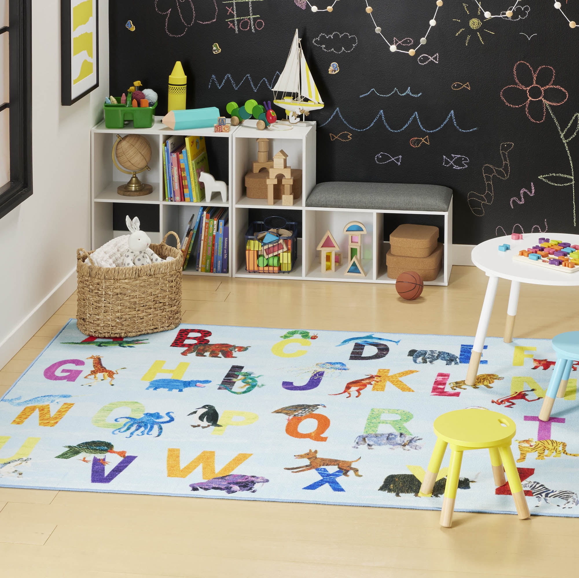Eric Carle Elementary Blue Alphabet Kids Machine Washable Area Rug Blue/Orange, 4'11"x6'6"