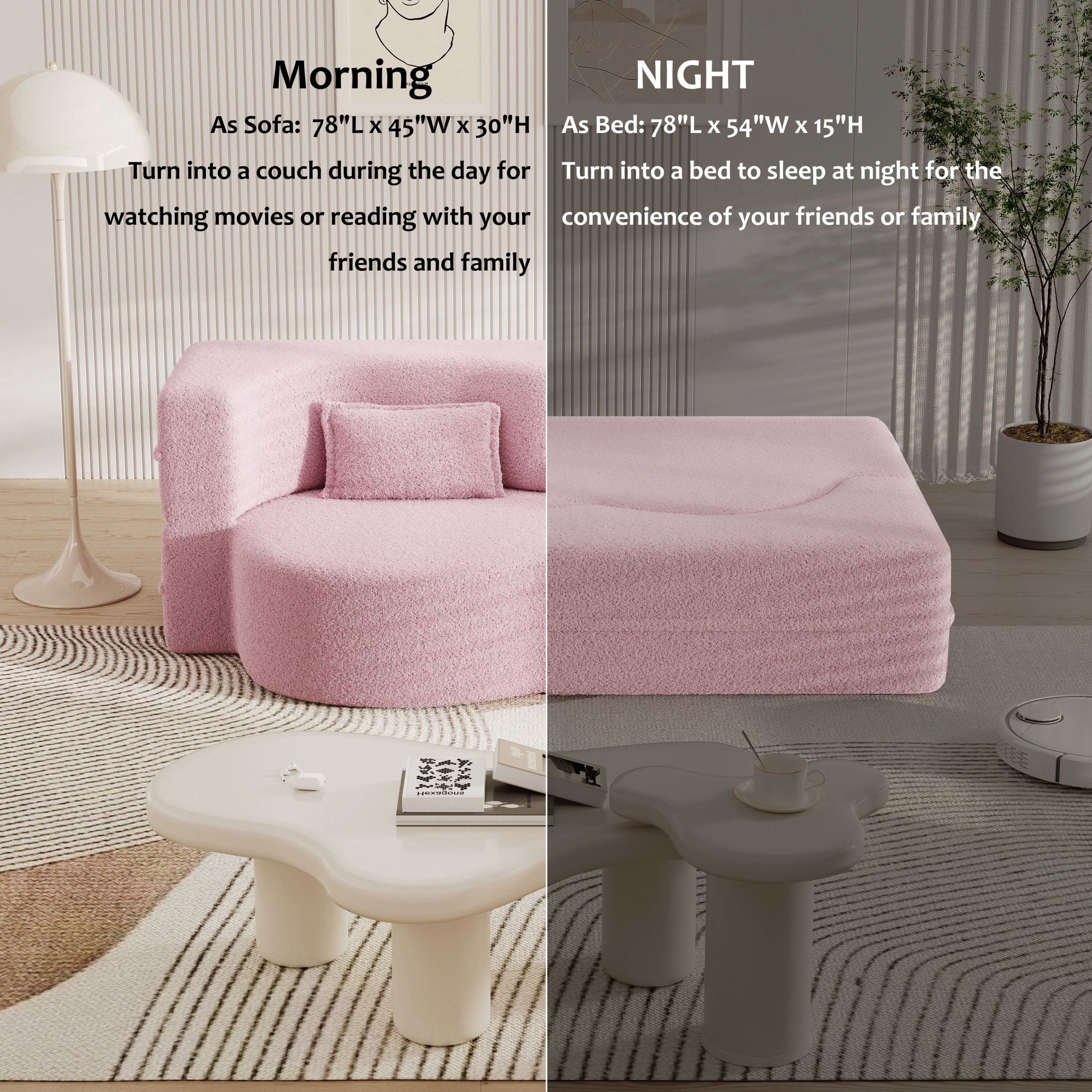 Aukfa 2-in-1 Convertible Couch Bed with 2 Pillows, Folding Floor Couch, 15" Full Size Bed Mattress, Memory Foam Sleeper Sofa Bed, Pink