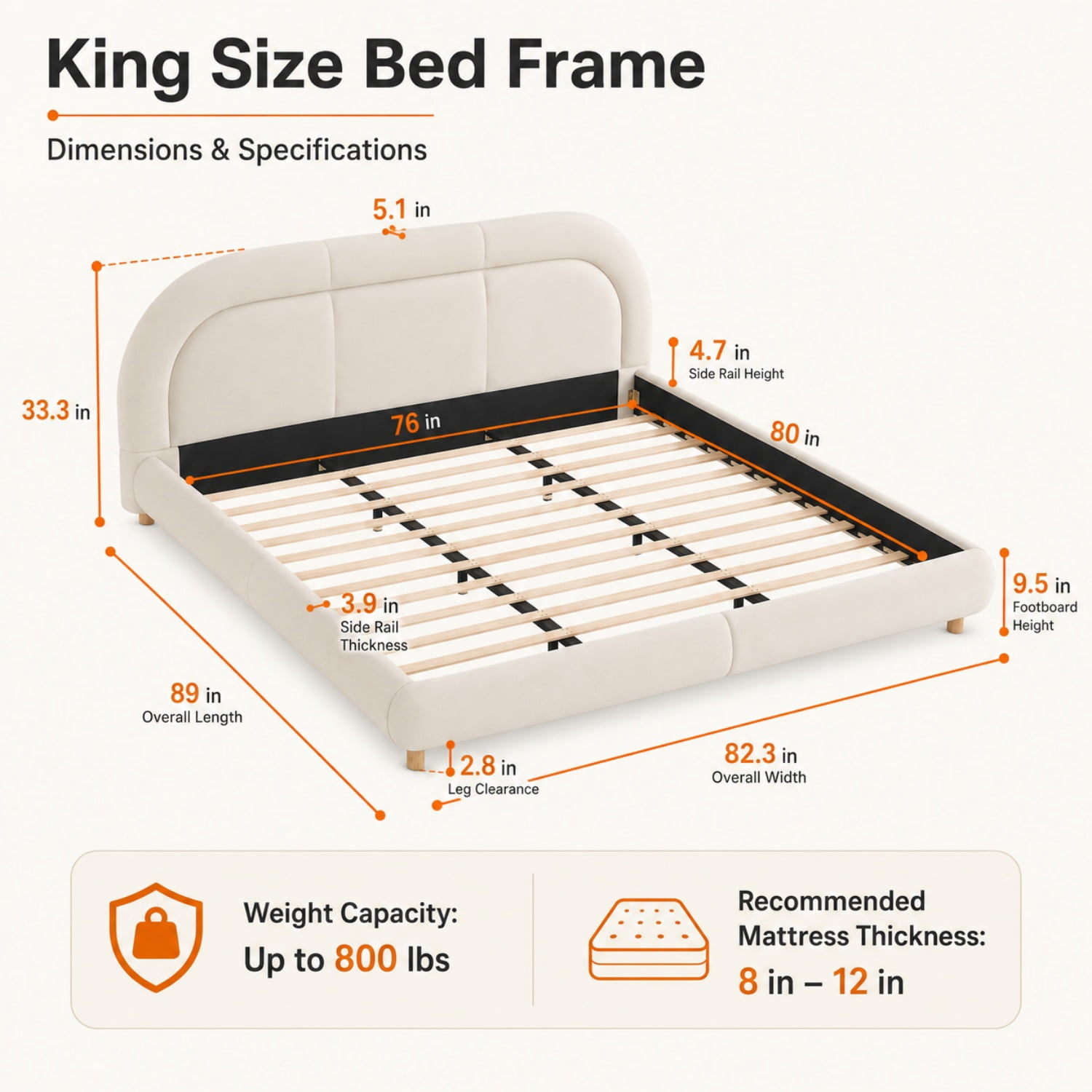 Miniyam King Size Velvet Upholstered Bed Frame with Curved Headboard, Platform Bed with Wood Slats, No Box Spring Needed, Beige