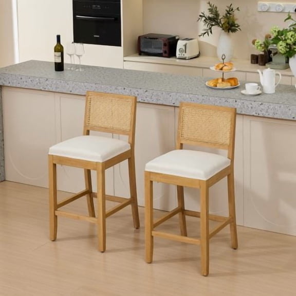 Nmkwnr Pack of 2 Linen Cushion Seat Bar Stool with Wood Frame, Rattan Back Barstools for Kitchen Island, Dining Room, Bar, Beige