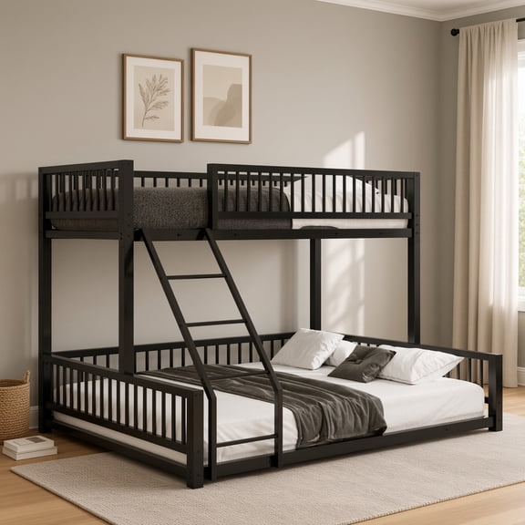 Twin XL over Queen Bunk Bed Frame, Convertible 2-in-1 Design with Ladder & Guardrails, Detachable Space-Saving Metal Bunk Bed, No Box Spring Needed, Black