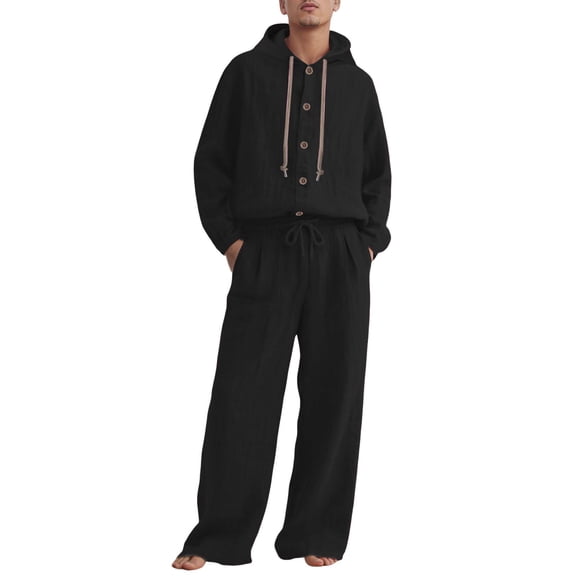 DHFJKG 2 Piece Outfits Mens Hoodies Linen Loose Fit Long Sleeve Button Front Shirt Pullover Wide Leg Pants Lightweight Casual Cozy Outfit