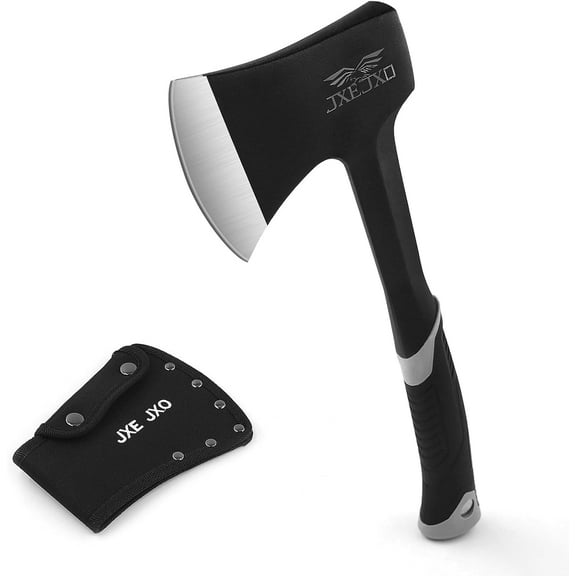 JXE JXO 14.4" Grey Camping Axe with Sheath, Forged Steel Head and Shock-Absorbing Grip, Compact Chopping Tool for Outdoor Use