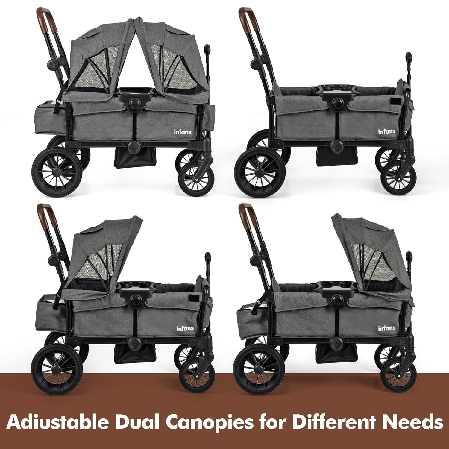 INFANS Wagon Stroller for 2 Kids, Collapsible Adjustable Push Pull Handle Bar, 2 Seater Stroller Wagon with Removable Canopy Snack Tray, Comfortable Drop-Down footwell and Upholstered Seats