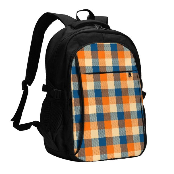 Easygdp Warm Orange Plaid Mochila para Laptop de Viaje con Puerto USB, Mochila para Laptop con Puerto de Carga USB para Mujeres y Hombres