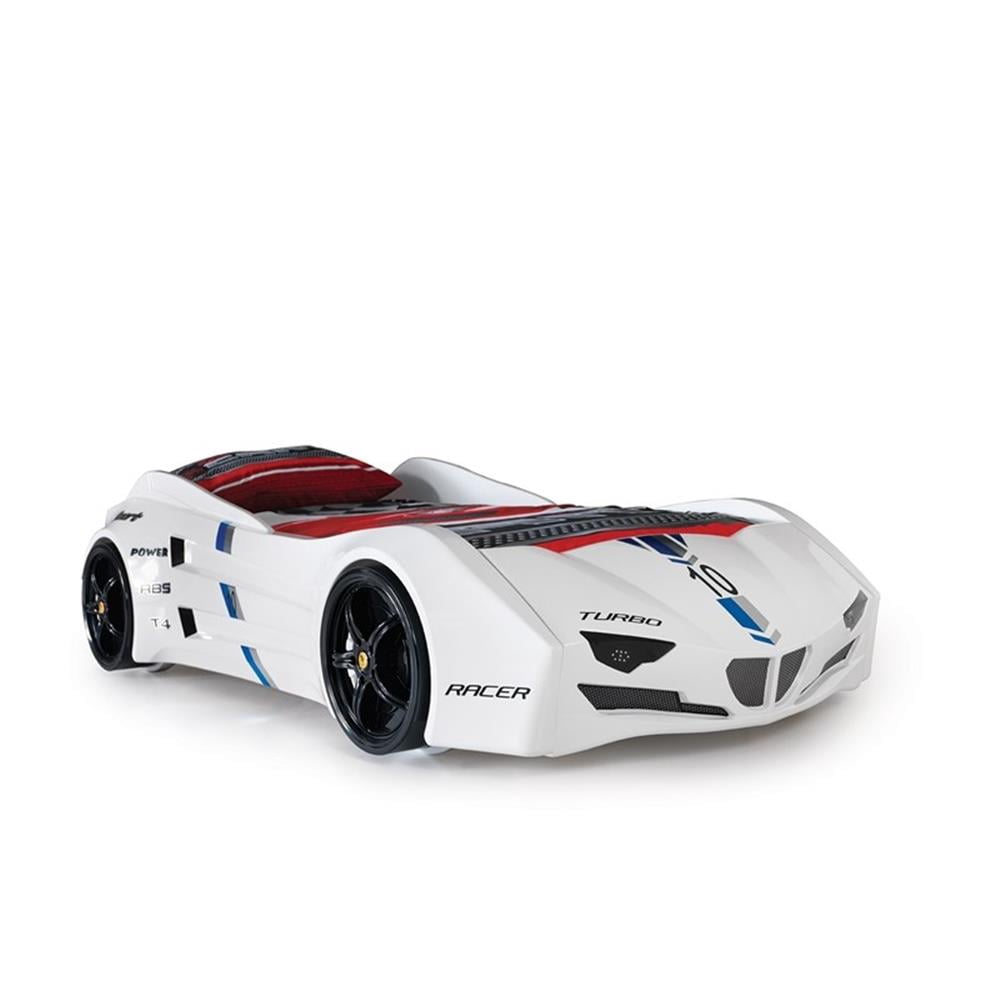 Pemberly Row Modern Wood Twin Race Car Bed with Remote Control in White