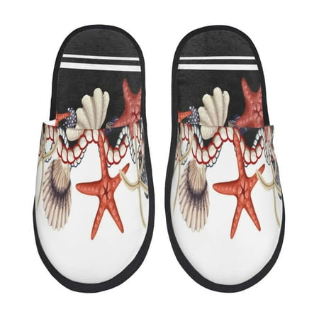 Balery Starfishes Shells Slient Indoor Furry Fleece Comfort House Shoes Soft Non-Slip Home Shoes Cotton slippers House Slippers-- Large