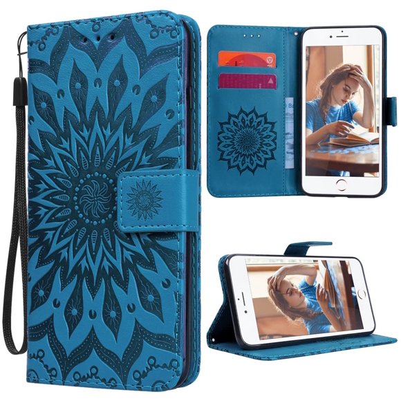For Iphone 7 Plus / Iphone 8 Plus Case Mobile Phone Cover Protective Cover Leather Pu Wallet Flip Case Leather Case Flowers Pattern Sunflower - Blue