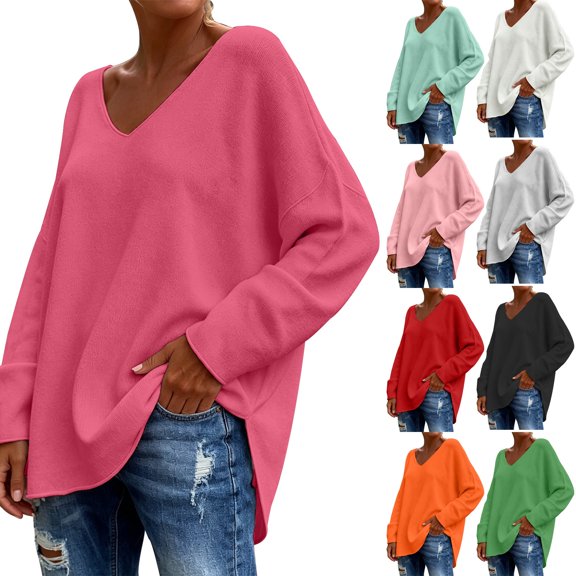 ZDNIXIAN Shirts for Women ,Long Sleeve Loose Knit Top, Side Slit Casual Pullover, Solid Color Drop Shoulder Relaxed Fit Knitted Shirt