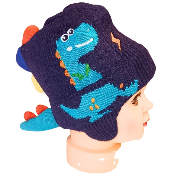 Loonyx Toddler Unisex Knit Dinosaur Cuffed Beanie with 3D Spikes and Faux Fur Lining, Dark Blue, Ages 1-3 Years