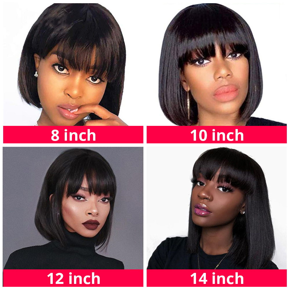 Straight Short Bob Wig with Bangs Brazilian Human Hair Wigs None Lace Wigs Machine Made Short Straight Bob Wigs for Women 150% Density