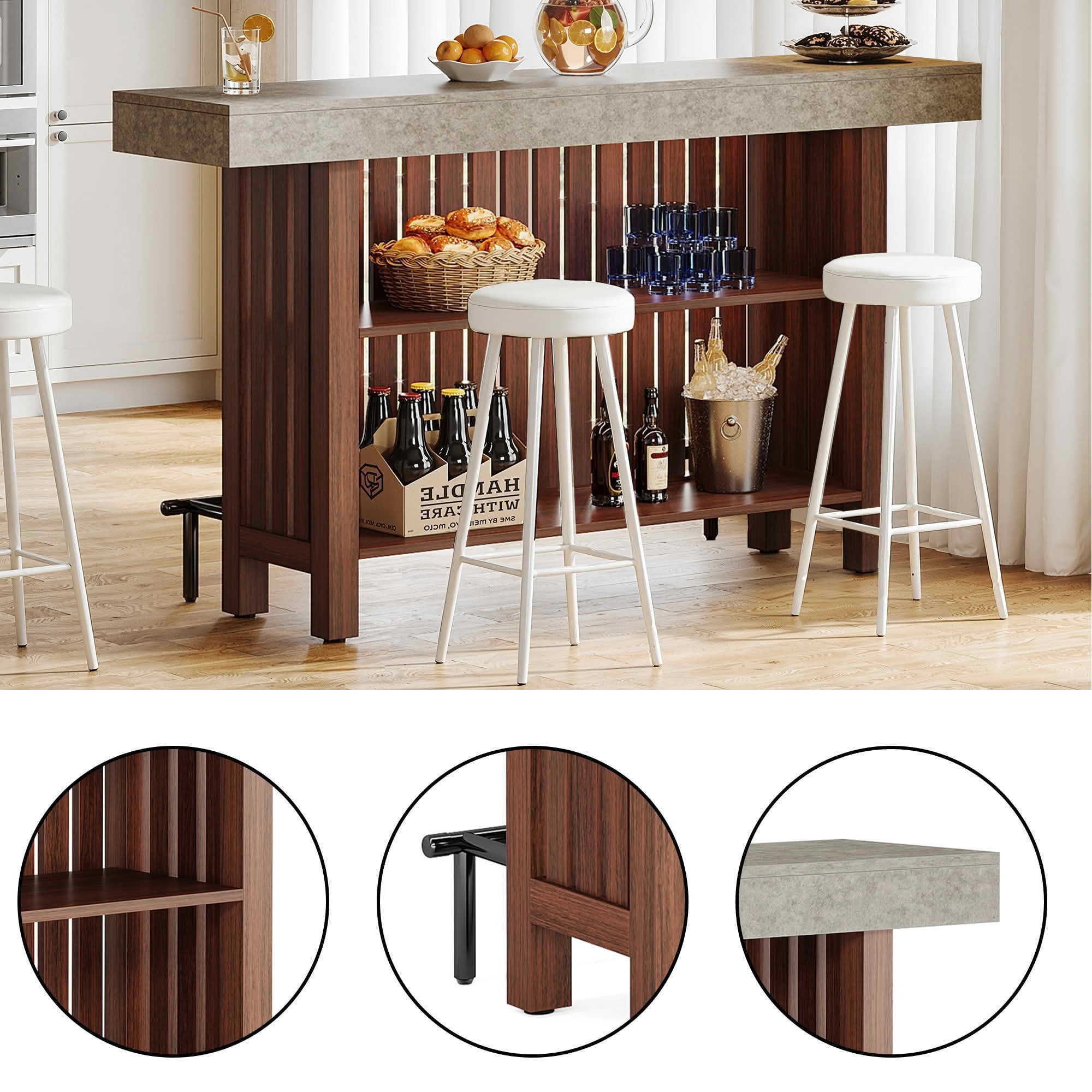 MAYEERTY 63 Inch 2 Tier Home Bar Unit, Height Pub Table with Storage Shelves, Modern Kitchen Island with Adjustable Foot Pads for Basement Living Room
