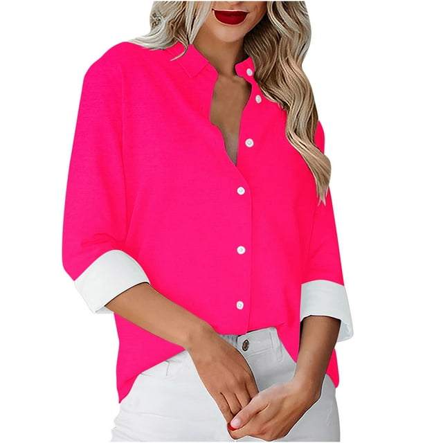 Besolor Button Down Shirts for Women Solid Color Long Sleeve Colared Tops Loose Office Blouses for Casual Work