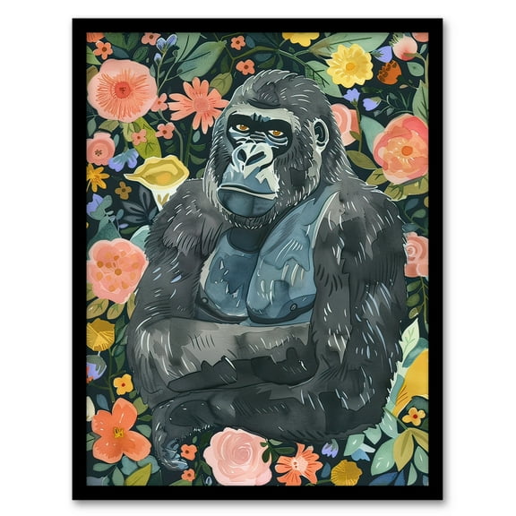 Artery8 Gorilla Ape in Floral Jungle Watercolour Portrait Living Room Art Print Framed Poster Wall Decor 12x16 inch