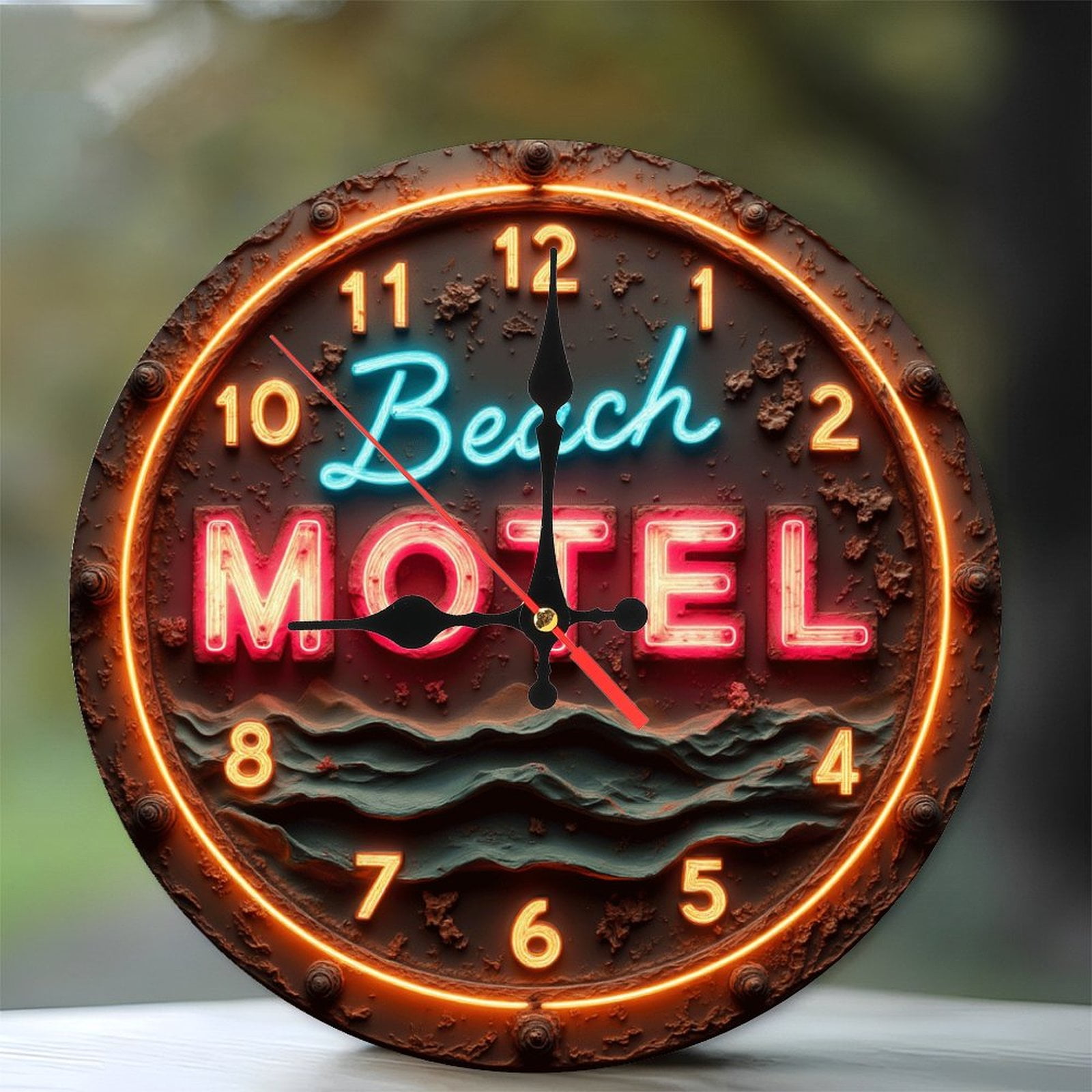Vintage Beach Motel Neon Sign Retro Coastal Decor 10-Inch Silent Wooden Wall Clock, Battery Operated (AA Batteries Not Included), Artistic Home Decor
