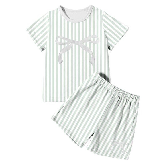 JIAYUE Girls Sleepwear For Kids Sets Striped Print Breathable Crew Neck Relaxed Fit Short Sleeve Tops And Shorts Two Piece Pajamas Cute Loungewear For Summer Home Vacation Daily Night,4-5 Years