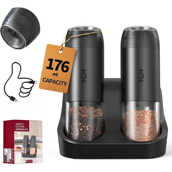 BACENEE Rechargeable Electric Salt and Pepper Grinder Set with Charging Base, Automatic Gravity Operation, Large 176ml Capacity, Adjustable Coarseness for Kitchen Cooking