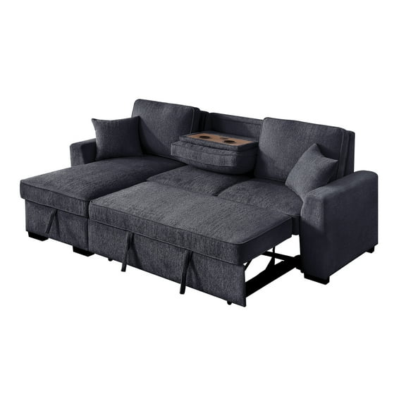 Hybition L-Shaped Sleeper Sectional Sofa with Storage Chaise, Pull Out Bed, Drop-Down Table, Cup Holder, USB Charging, Couch for Living Room-Color:Dark Grey