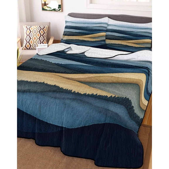 Mountains Blue Gold Queen Size Down Alternative Comforter, Lightweight Comforter Quilt Bedding Set with Pillow Shams Modern Green Forest Trees All Seasons Bed Comforter Duvet Insert 90"x96"