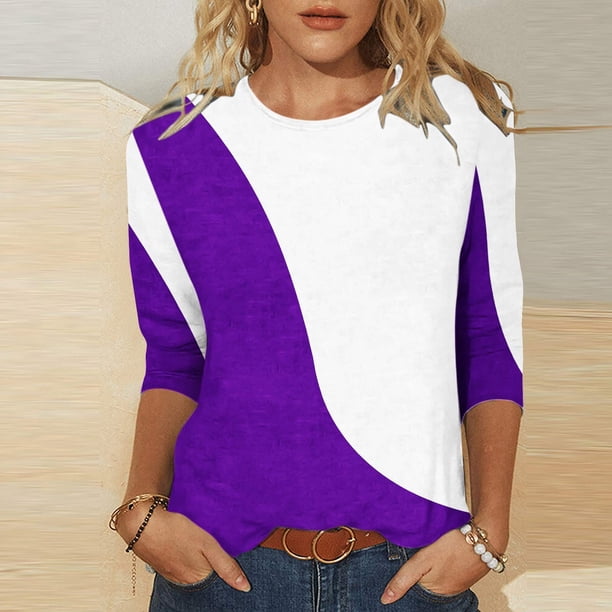 ICHUANYI Clearance Women's Fashion Printed Loose T-shirt Mid-length 3/4 Sleeves Blouse Round Neck Casual Tops(Purple, S) ICHUANYI WER2023081016193