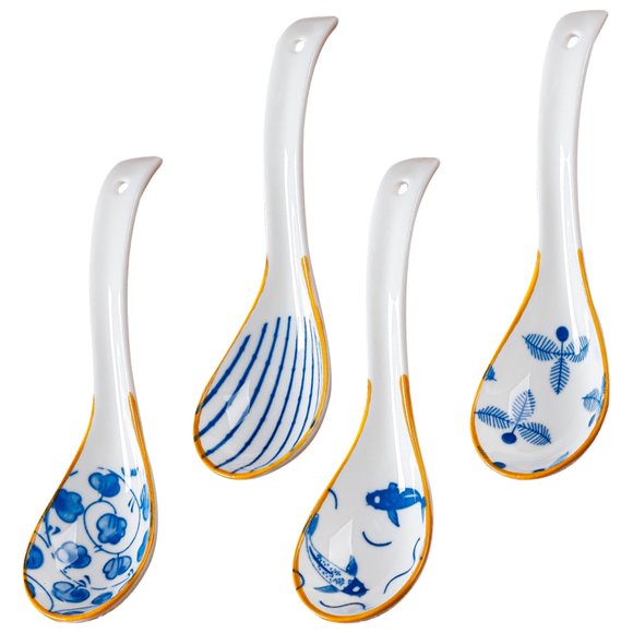Cucharas de sopa asiáticas vintage, patrones japoneses clásicos, tecnología de color bajo cubierta, cucharas de cerámica de 6,3 pulgadas con tazón grande para varias sopas, aptas para microondas y