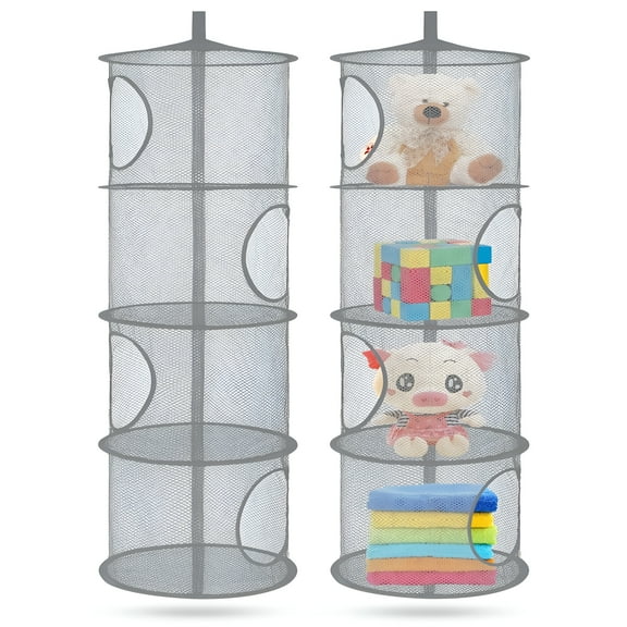LAMIRO Stuffed Animal Storage Mesh Hanging Storage Space Saver Bags Organizer,Foldable Storage Organizer 4 Compartments Toy Storage Basket for Kids Room Bathroom 2 Sets GRAY