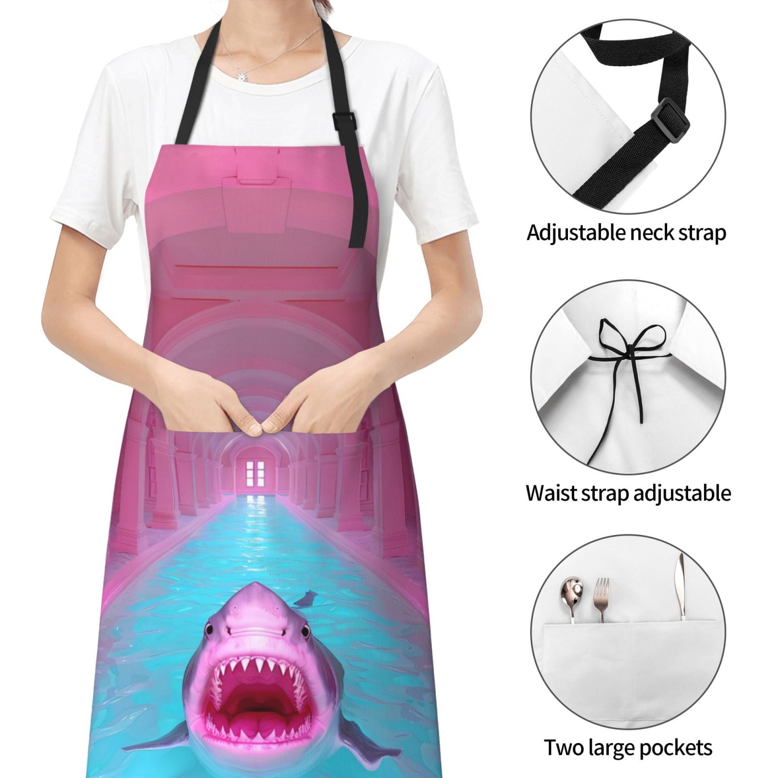 Kdxio Pink Shark Pool Fantasy Apron with Pockets Adjustable Kitchen Aprons for Men Women Waterproof Aprons for Cooking,Drawing,Crafting, Baking Household Cleaning