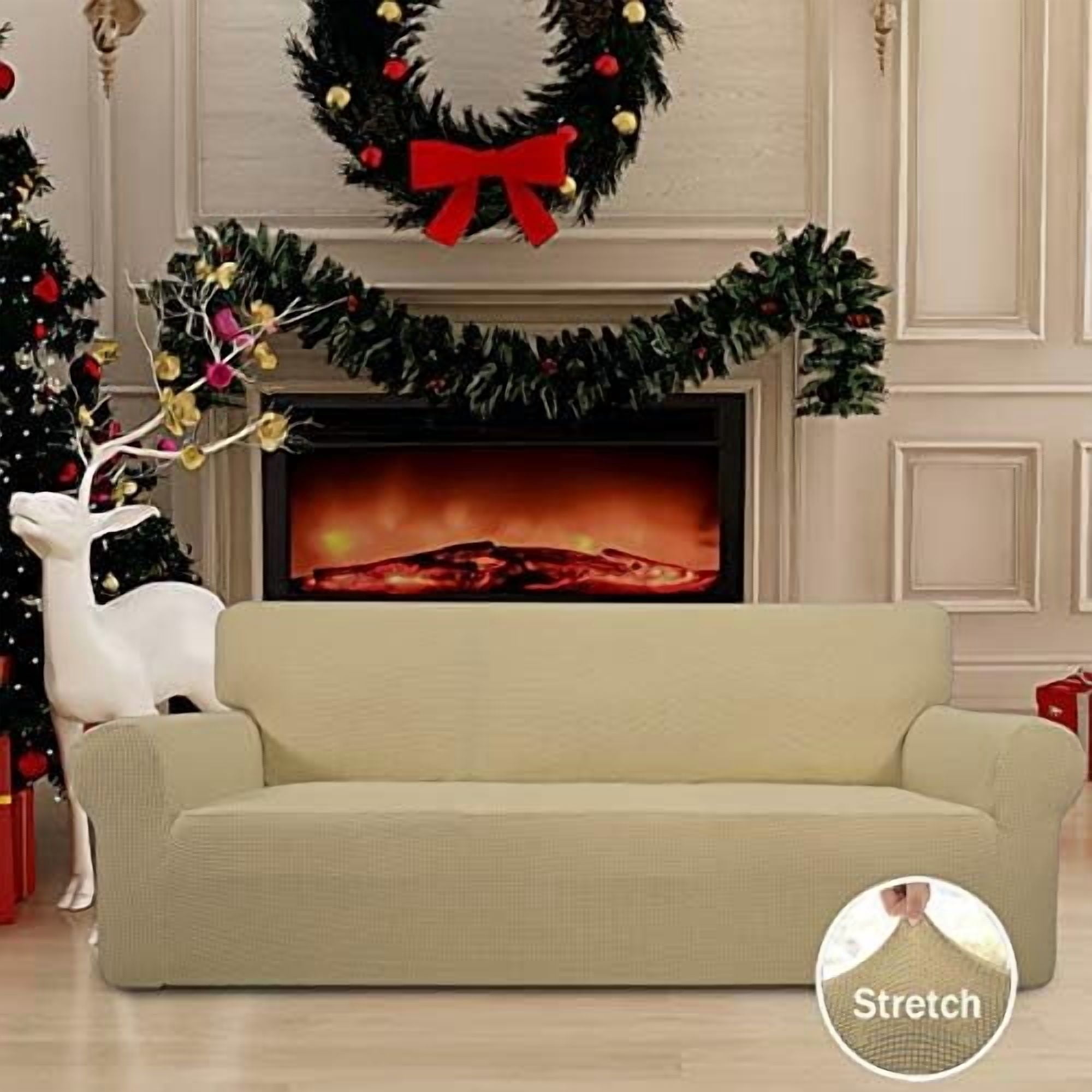 Stretch Sofa Slipcover 1-Piece Sofa Cover Furniture Protector Couch Soft with Elastic Bottom for Kids, Polyester Spandex Jacquard Fabric Small Checks (Sofa, Beige)