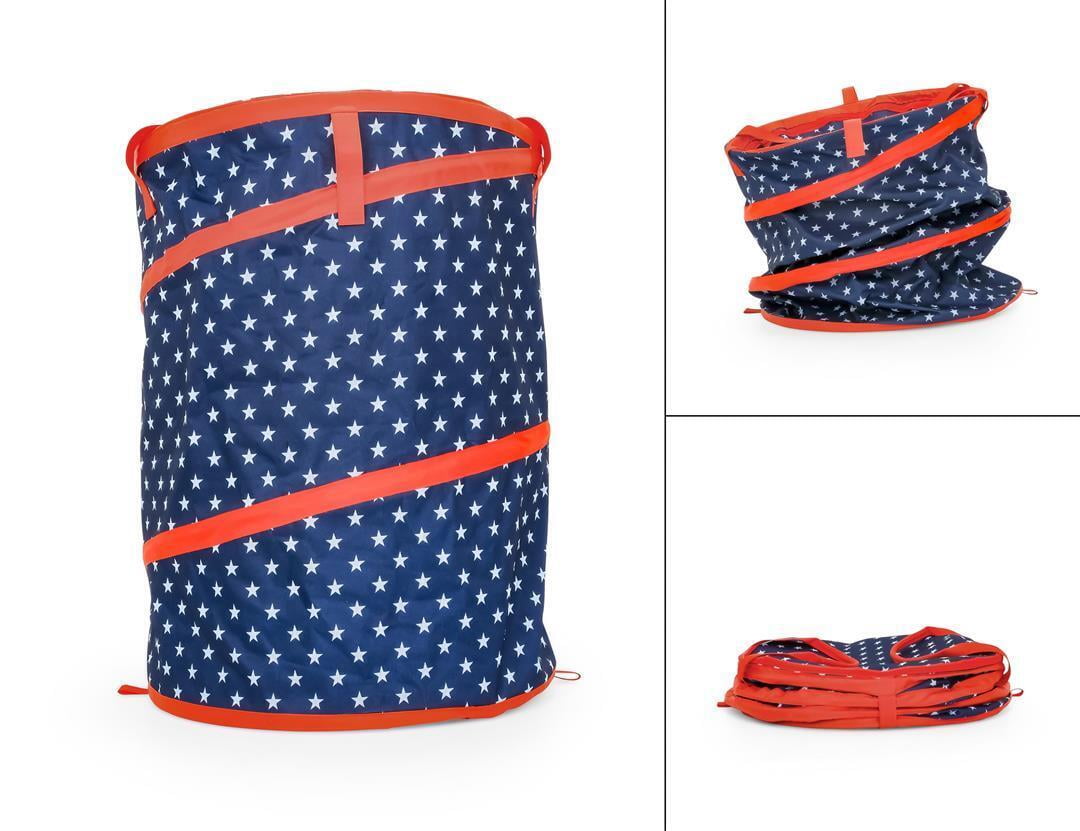 Camco 30 Gallon American Patriotic Collapsible Household Garbage Can with Carry Bag, Blue/Blue