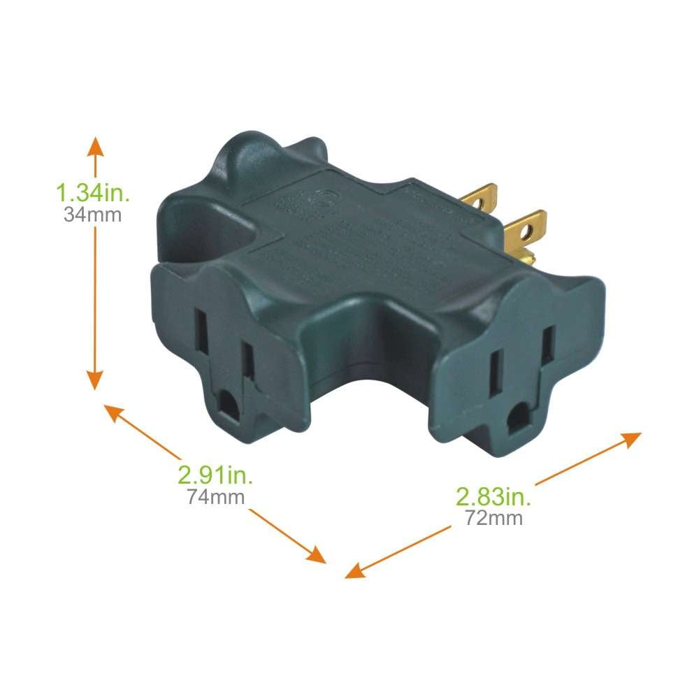 Hyper Tough Heavy Duty 3 Way Grounded Outlet Green Indoor Use Adapter, 15 Amps