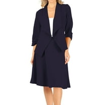 Women's Two-Piece Suit Set ? 3/4 Sleeve Fitted Blazer and Midi Skirt