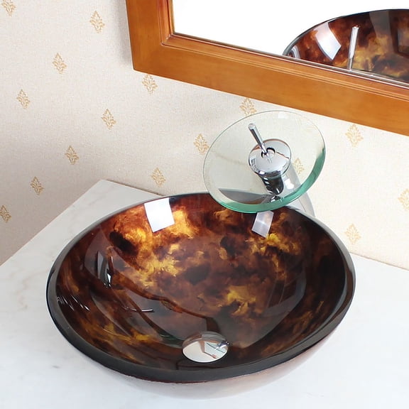 Elite Hand Painted Opaque Metallic Copper/Bronze on Dark Brown Tempered Glass Bathroom Vessel Sink with Chrome Pop-up Drain and Mounting Ring - 1204 P01008C