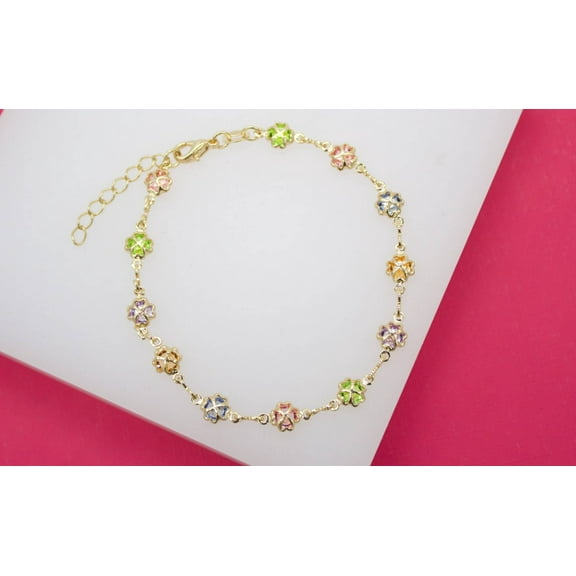 18K Gold Filled Four Leaf Clover Multi-Color CZ Charm Bracelet (I151)