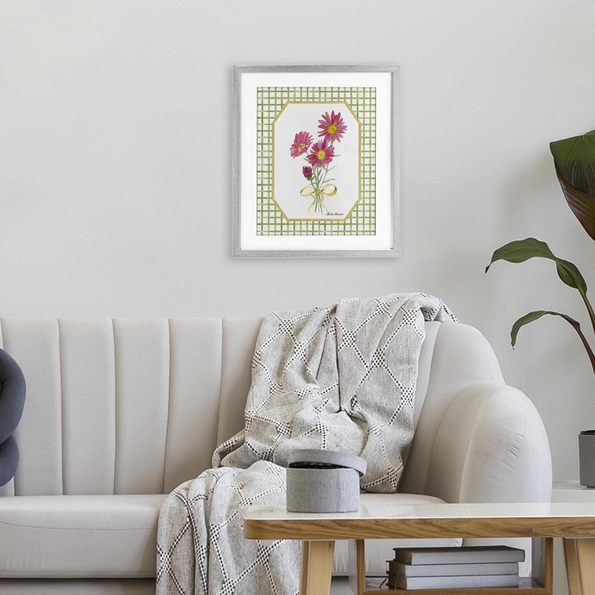 Botanical Story on Gingham Gray Framed Print Under Glass, design by Lee Ann Sanders