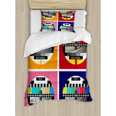 Channel 4 Piece Set Modern Decor Twin Size Duvet Cover Set, Television Radio Channel Signal Digital Sign in Four Collage Artwork Image, Decorative 2 Piece Bedding Set with 1 Pillow Sham, Multicolor, by Ambesonne ()
