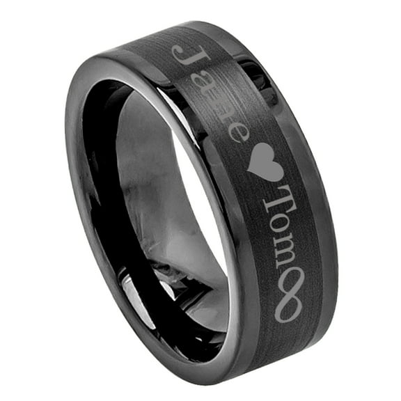 Free Engraving Men Women Personalized Outside Inside Engraving Tungsten Carbide Wedding Band Ring 8mm Brushed Center Black Ring