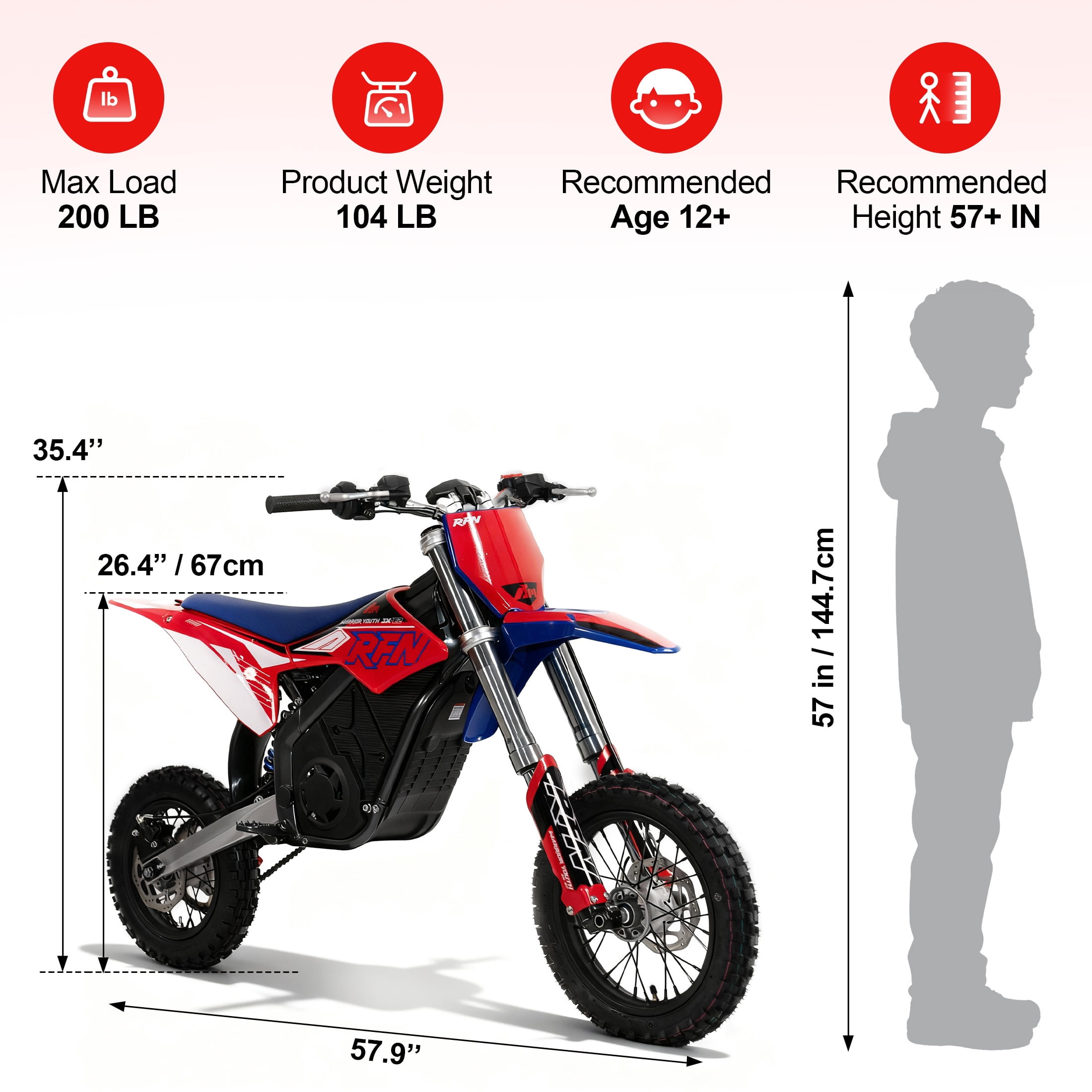 RFN Electric Dirt Bike Peak 2000W 48V 15Ah Electric off-Road Motorcycle Teens & Adults, Max 30MPH & 22Nm Torque Mountain Dirt Bike for Age 12+