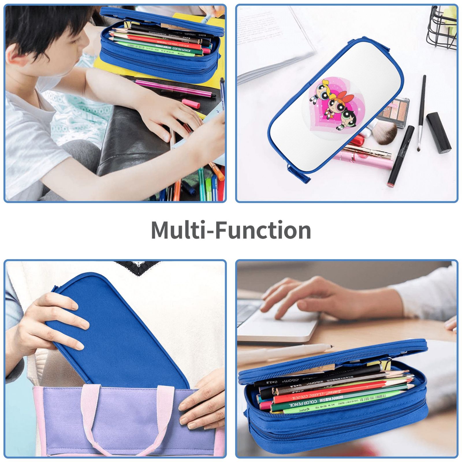 The Powerpuff Gi-rls Pencil Case Large Capacity Pencil Pouch Penbag Office Stationery Organizer Travel Makeup Bag Blue