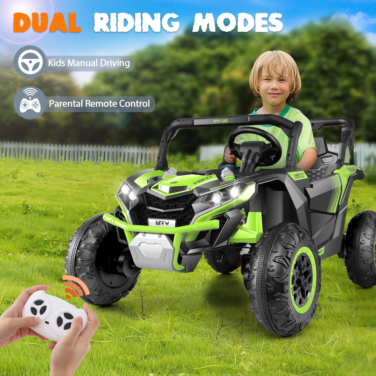 Funcid 24V Ride on Car for Kids, 2WD/4WD Switchable Ride on Car with Remote Control, 2 Seater Ride on Toys, UTV, Bluetooth, Music, LED Lights, Storage Space