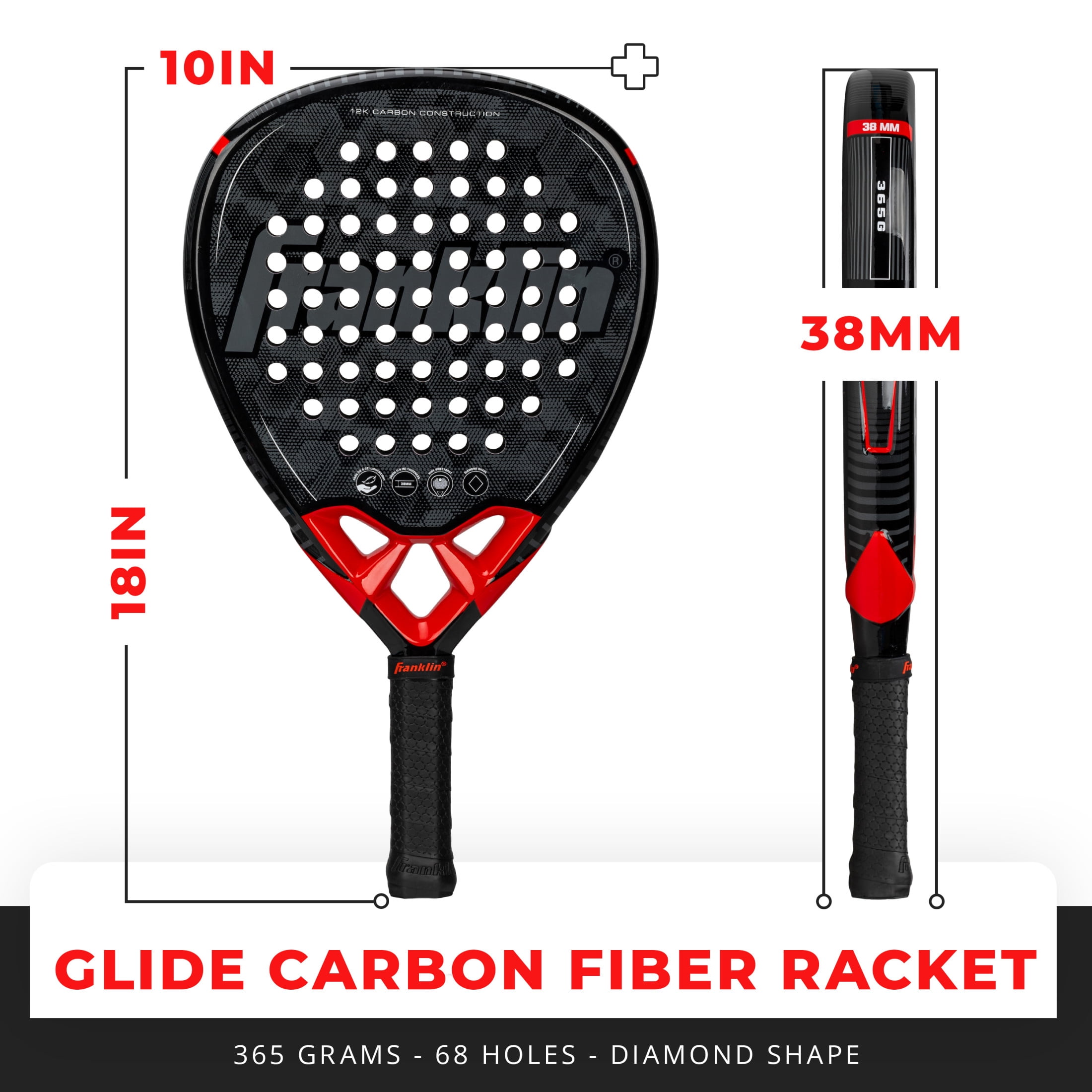 Franklin Sports Padel Racket - GLIDE - Fiberglass Padel Racket with Foam Core - Pop Tennis Racket - 365g Padel Racket - Premium Performance Racket - Black/Red