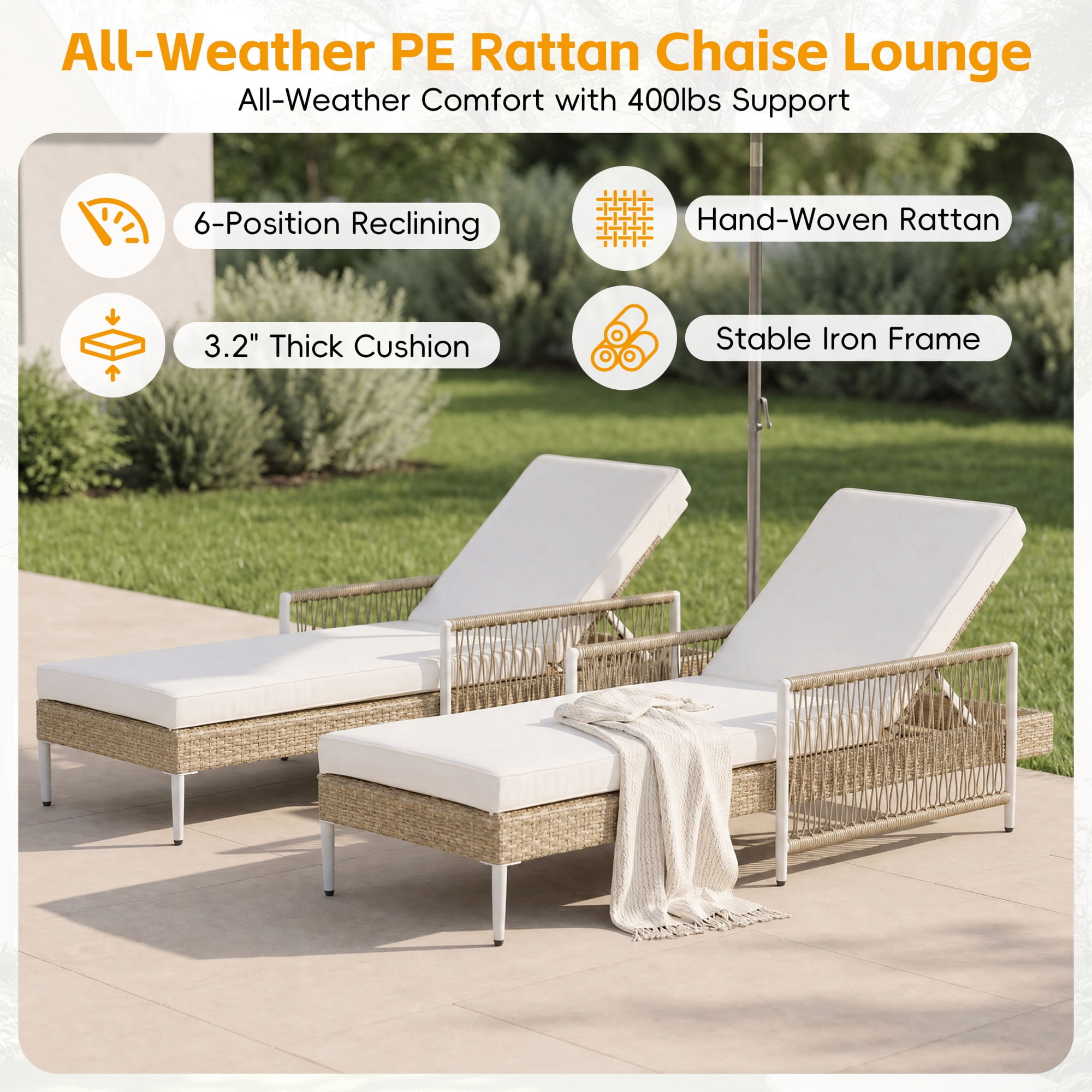 Leumius Set of 2 Outdoor Chaise Lounge, Minimalist All-Weather Patio Wicker Lounge Chair with 6 Gear Adjustable Recliner, Arms and Cushion for Poolside, Deck Beige