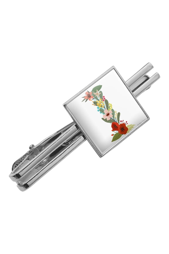 Letter I Floral Monogram Initial Square Tie Bar Clip Clasp Tack- Silver or Gold