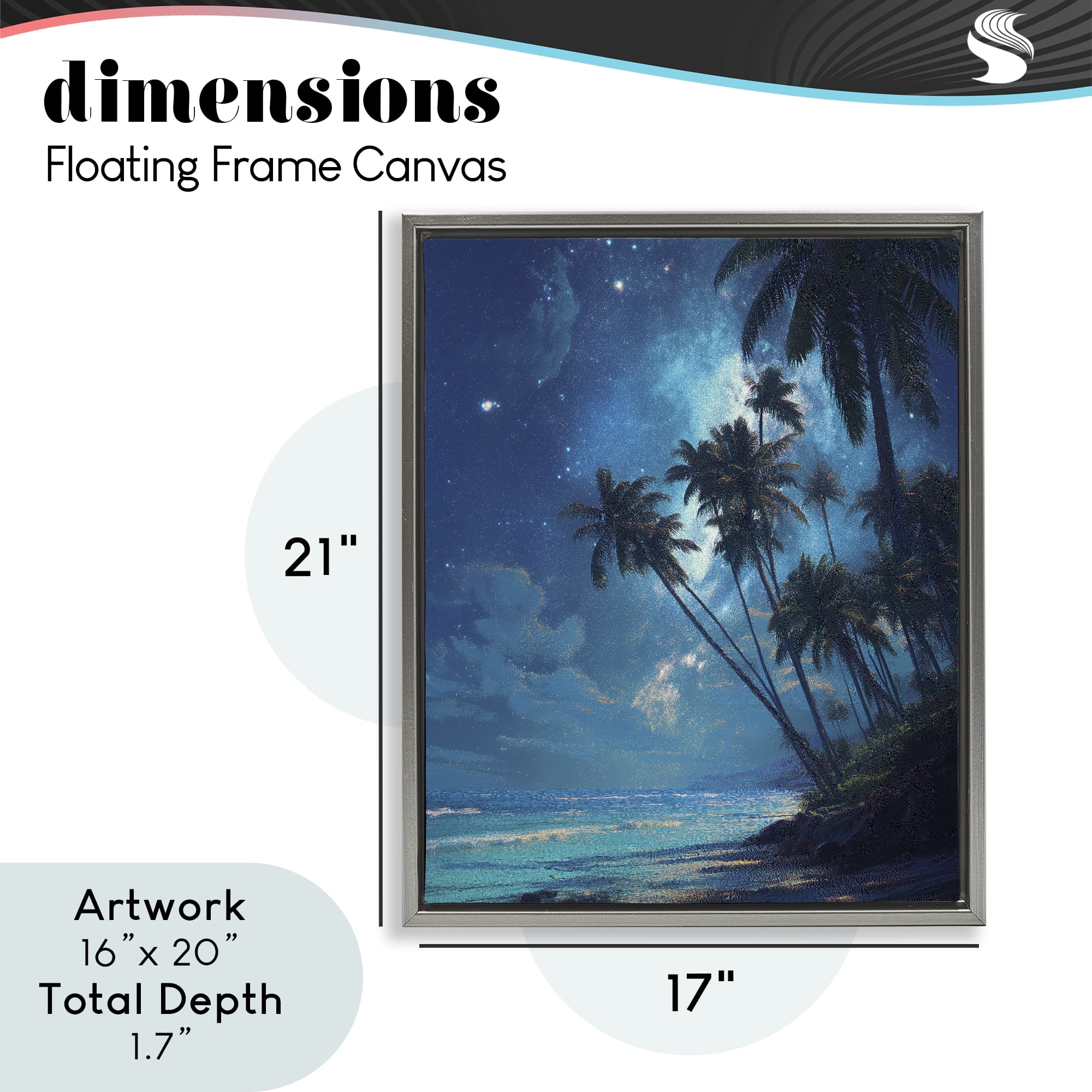 Moonlit Beach Palm Trees Gray Framed Floater Canvas Wall Art, design by Ziwei Li