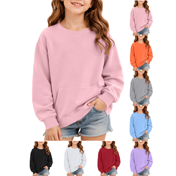 Girls Soft Pullover Sweatshirts Crewneck Comfortable Long Sleeve Sweatshirt with Pocket Elastic Cuffs Gentle on skin Durable