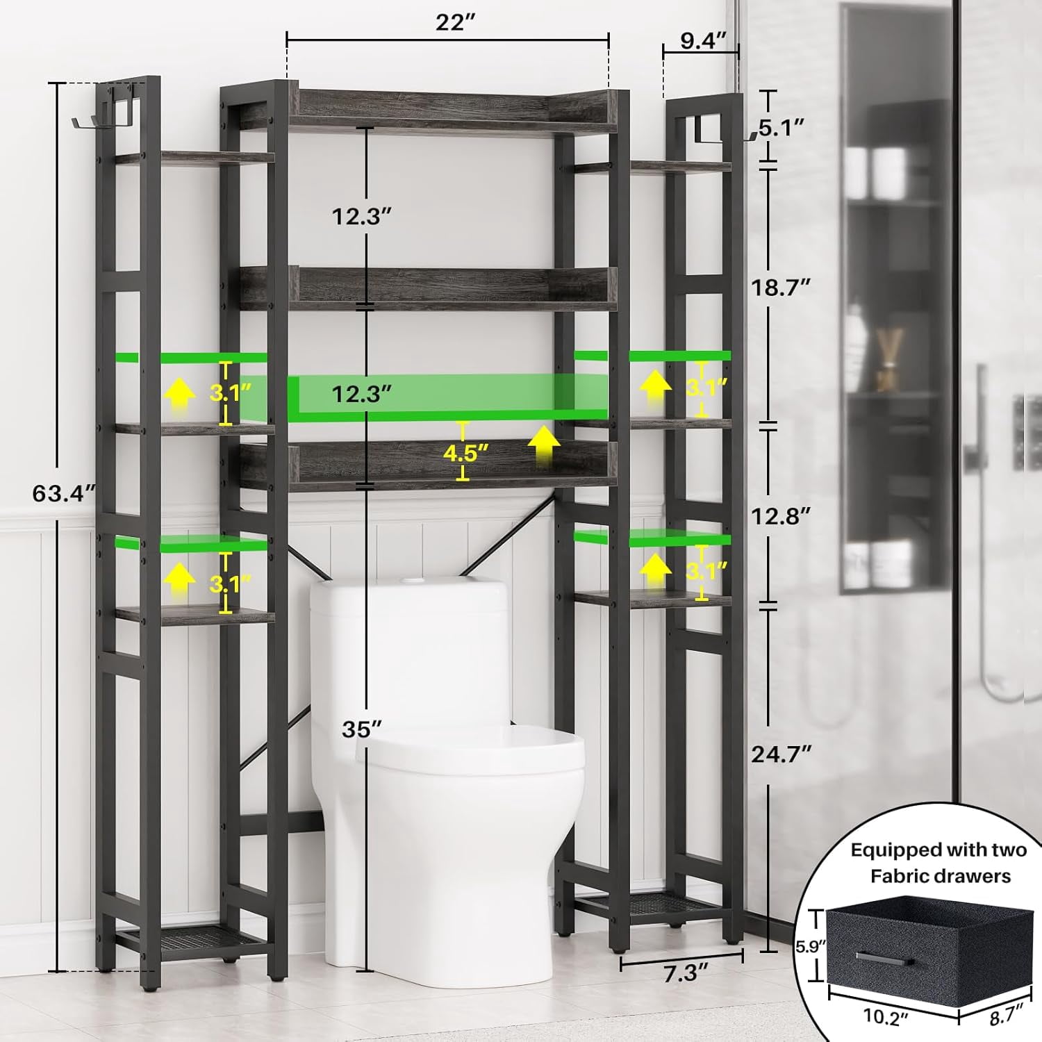 Homieasy Over The Toilet Storage with Drawers, 7-Tier Bathroom Organizer Freestanding Space Saver Storage Rack with 11 Shelves, Above Toilet Stand with 4 Hooks for Restroom, Laundry, Black Oak