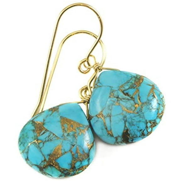 14k Gold Filled Blue Turquoise Earrings Coppery Mosaic Veining Smooth Heart Fat Teardrops Simple Dangles