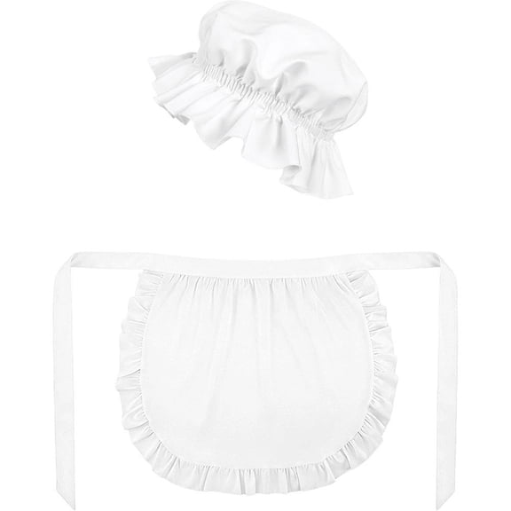 Hzzsbu Womens White Mob Cap Bonnet and Half Cooking Apron Set